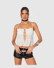 EDIKTED Womens Chelsea Tie Front Eyelet Tank Top WHITE