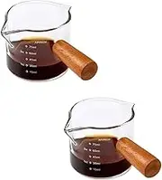 JOYMENTHERE Espresso Shot Glass 75ML Double Spout Mini Measuring Cup Espresso Cup Accessories with Wood Handle for Barista Milk Coffee Espresso Making, Set of 2 (Regular)