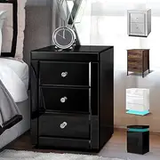 ALFORDSON Mirrored Bedside Table 58cm Height Sofa Side Table Nightstand Home Furniture Glass Cabinet Chests of 3 Drawers with Crystal Handles for Hallway, Bedroom and Living Room (Chyna Black)