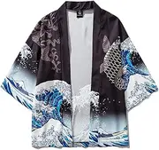 [Souchi] Men Japanese Kimono Traditional Casual Loose Thin A Set of Coat and Pants Asian Clothes Harakuju Fish Print Kimono Cardigan Black top M
