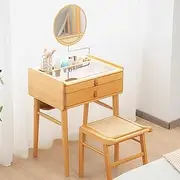 Giantex Bamboo Vanity Set, Makeup Desk with Stool, Dressing Table Set with Storage Alcove, Shelf, Drawers, Adjustable Mirror & Tempered Glass Tabletop, Elegant Dresser Desk for Bedroom, Natural