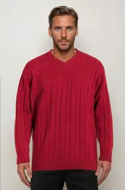 Ansett Wine Red Cable V Neck Wool Jumper