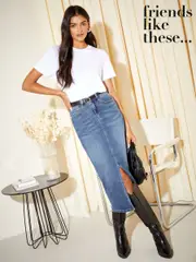 Friends Like These Mid Blue Tall Split Front Denim Midi Skirt (AV4499) | $90