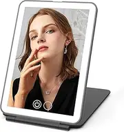 Rechargeable Makeup Vanity Mirror with 72 Led Lights, Lighted Travel Portable Light up Beauty Mirror, 3 Color Lighting, Dimmable Touch Screen, Tabletop Desk Foldable Cosmetic Mirror with Lights(Black)