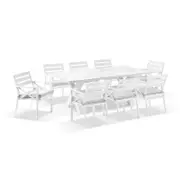 Kansas Outdoor Ceramic 2M Aluminium Dining Table With 8 Chairs Setting - with Textured Olefin Grey cushions