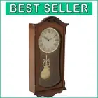 Charming Brown Analog Wall Clock: Walnut Wood, Pendulum, and Roman Numerals