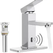 Touchless Bathroom Sink Faucet with Pop Up Drain & Deck Plate, Matte Silver