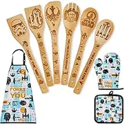 Star Gifts for Women,Home Decor,War Kitchen Utensils Set,Wooden Cooking Spoons with Apron Oven Mitt Potholder for Fans,Best Birthday Wedding and Housewarming Christmas Presents 9 pcs