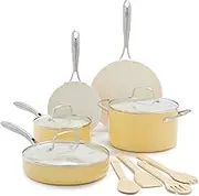 GreenLife Artizan Healthy Ceramic Non-Stick 12-Piece Cookware Pots and Pan Set, Stainless Steel Handle, PFAS-Free, Induction, Oven Safe, Yellow
