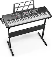 [UMOMO] 61 Keys Electronic Piano Keyboard with H Piano Stand, Portable Digital Keyboard with Microphone, Music Stand, Adaptor Power for Beginner, Black