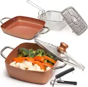 Copper 6 Piece Set Chef Cookware, Non Stick Pan, Deep Square Pan, Fry Basket, St