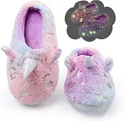 [Secret Slippers] Fuzzy Unicorn Slippers for Boys Girls, Glow in the Dark Memory Foam House Slipper, Anti Slip Soles(Little Kid/Big Kid)