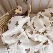 47x51 4 Layer Super Soft 100% Cotton Muslin Swaddle Nursery Bedding Blanket for Baby Girls Boys Infant Newborn Unisex Brown Teddy Bear Animal Print Cute Natural Beige Color Summer Extra Large Size