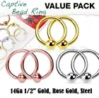 6pcs. 14G 1/2" Value Pack Ion Plated Captive Bead Ring Ear Nipple Septum Labret