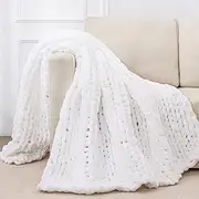 Bigacogo Chunky Knit Throw Blanket for Couch, 40x80 inches, 100% Hand Knitted with Thick Jumbo Chenille Yarn, Cozy Soft Large Rope Knot Cable Crochet Blankets for Sofa Bed Living Room, White