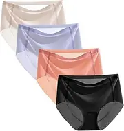 [HEJIGOOD] 4 Pack Womens Briefs Underwear No Show Seamless Mid Waisted Hipster Ice Silk Stretchy Soft Ladies Panties M-XXL