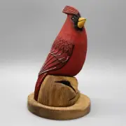 NAVAJO FOLK ART-RED CARDINAL PERCHED ON STUMP by RAY & ORLEEN LANSING