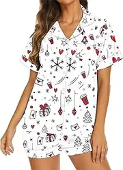 [Generic] Christmas Pajamas for Womens Graphic Polyester Fiber Sleepwear Button Down Short Sleeve Shorts Pajamas Set Girl 13 (White, XL)