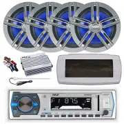 Pyle Bluetooth Marine Radio, Cover, Antenna, Amp w/Kit, 4x 6.5" Charcoal Speaker