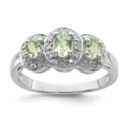 Sterling Silver Rhodium 3 Stone Green Quartz & Diamond Ring Size 8