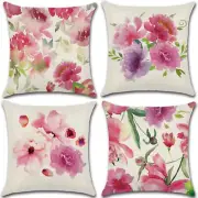 Set of 4 Pillow Covers 18x18, Watercolor Flowers Pattern Style Linen Fabric