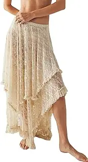 [R.Vivimos] Women Lace Long Skirts Summer Elastic Asymmetrical Layered Hem Sexy See-Through Beach Floral Maxi Skirts