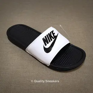 Quality Sneakers - Nike Benassi Swoosh 拖鞋 白黑 字體 343880 100