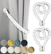 Porlau 2 Pack White Magnetic Soft Curtain Tiebacks Cotton Hand-Woven Tieback Holdback Home Decorative Tie Backs with Wooden Buckle for Home Office Decor