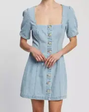 NWT Atmos & Here Sammie Denim Puff Sleeve Button Through Mini Dress Size 6