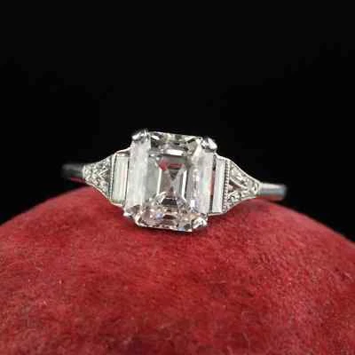 Art Deco Style Asscher Cut Lab Created Engagement 14K White Gold FN Ring