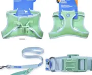 Dog Step-in Harness, Dog Collar & Leash Set. Blue & Green Breathable Mesh Size L