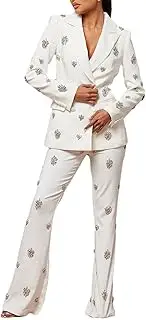 [Zadaos] Women's Patchwork Rhinestones Two Piece Suit Set Notched Collar Blazer High Waist Flare Pant Sets