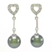 14kt White Gold AAA Black Pearls Diamonds Dangle Stud Earrings TPJ