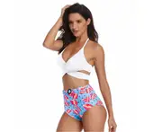 Women's split bikini cross-printed high-waist swimsuit - 1
