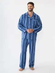 Mens Flannelette Pyjama Denim Blue Stripe
