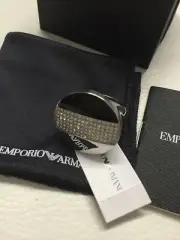 NIB Emporio Armani St Steel Blk Enamel/Crystals Ladies Ring Size 8 EGS 1773040