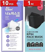 [10 Pack] [Air Queen] White 3-Layers Face Safety Mask for Adult + 1 [Black] All Keeper KF94 Mask [Individually Packaged] [Both Made in Korea]