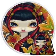 Little Autumn Leaves Big Eyed Winged Girl Round Beach Towel