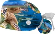 [YTYVAGT] 2-Pc,Gourd-Shaped Working Cap,Fisherman Hat with Buttons and Cotton Sweatband,Animal Sea Turtle Swimming Pattern