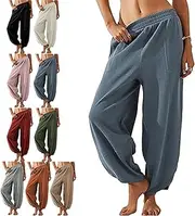 [Generic] Thneed Wrap Pants, Thneed Beach Wrap Pants, Womens Baggy Wide Leg Cotton Elastic Waisted Harem Pant Palazzo, Grey Blue, Small
