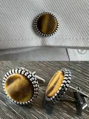 Real 925 Sterling Silver Tiger's Eye Stone Cuff Links Cufflinks Tuxedo Shirt