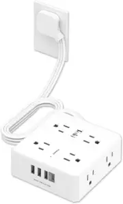 6 Ft Flat Extension Cord, 8 AC Outlets and 4 USB Ports, White