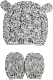 [CALLARON] 1Set Winter Knitted Hat and Gloves Cute Woolen Beanie with Ear Design for Boys for Months Accessories Grey