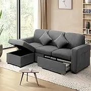 Oikiture Velvet Sofa Set with Storage Ottoman Cushion and 2 Slide Out Drawers 3 Seater Sofa Couch Lounge Chair Grey