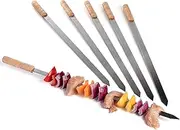 [JD Europe] 6pcs Turkish Adana Kebab BBQ Skewers with Wooden Handles. Stainless Steel Flat Wide Barbecue Skewers Length 57.5cm, Width 2cm and 2mm Thick.