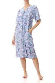 Ladies PJS Givoni Blue Floral Slinky Short Sleeve Zip Front Brunchcoat (Skye 10S)