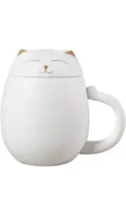 - Ceramic Tea Mug with Infuser and Lid, Cat Design Handmade Porcelain White