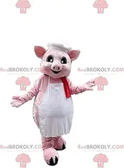 Pink pig REDBROKOLY Mascot dressed in an apron with a chef's hat