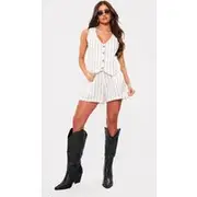 White Linen Look Striped Tailored Floaty Shorts, White