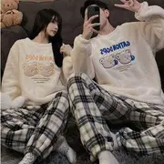 Couple Matching Pajama Set: Sweatshirt + Plaid Pants TFN-5010 - Women - Sweatshirt - Yellow Bear - White - L / Pants - Plaid - Dark Gray & White - L